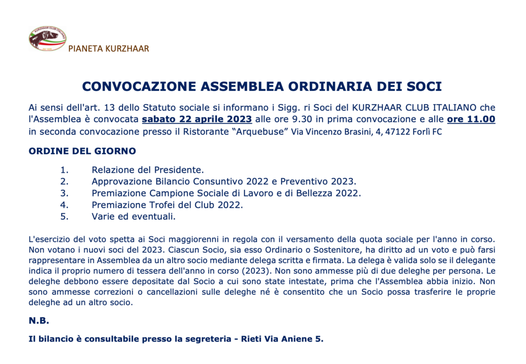 Convocazione Assemblea Ordinaria Dei Soci Kurzhaar Club Italiano